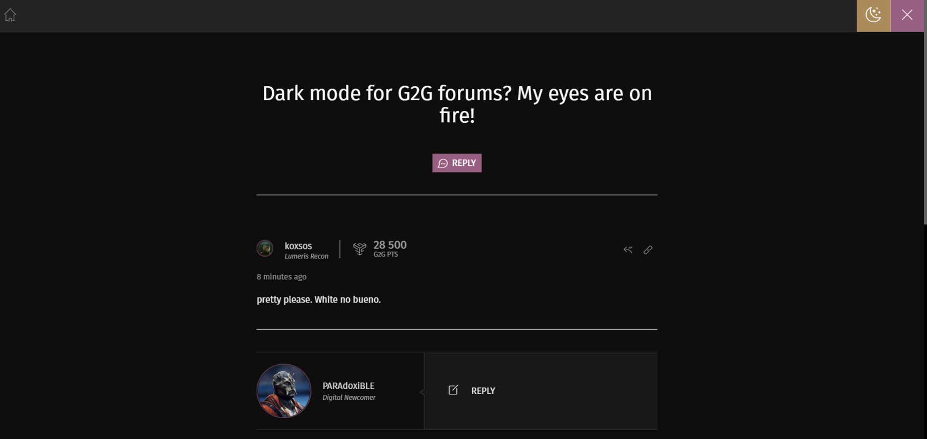 Dark mode for G2G forums? My eyes are on fire! - Games2Gether